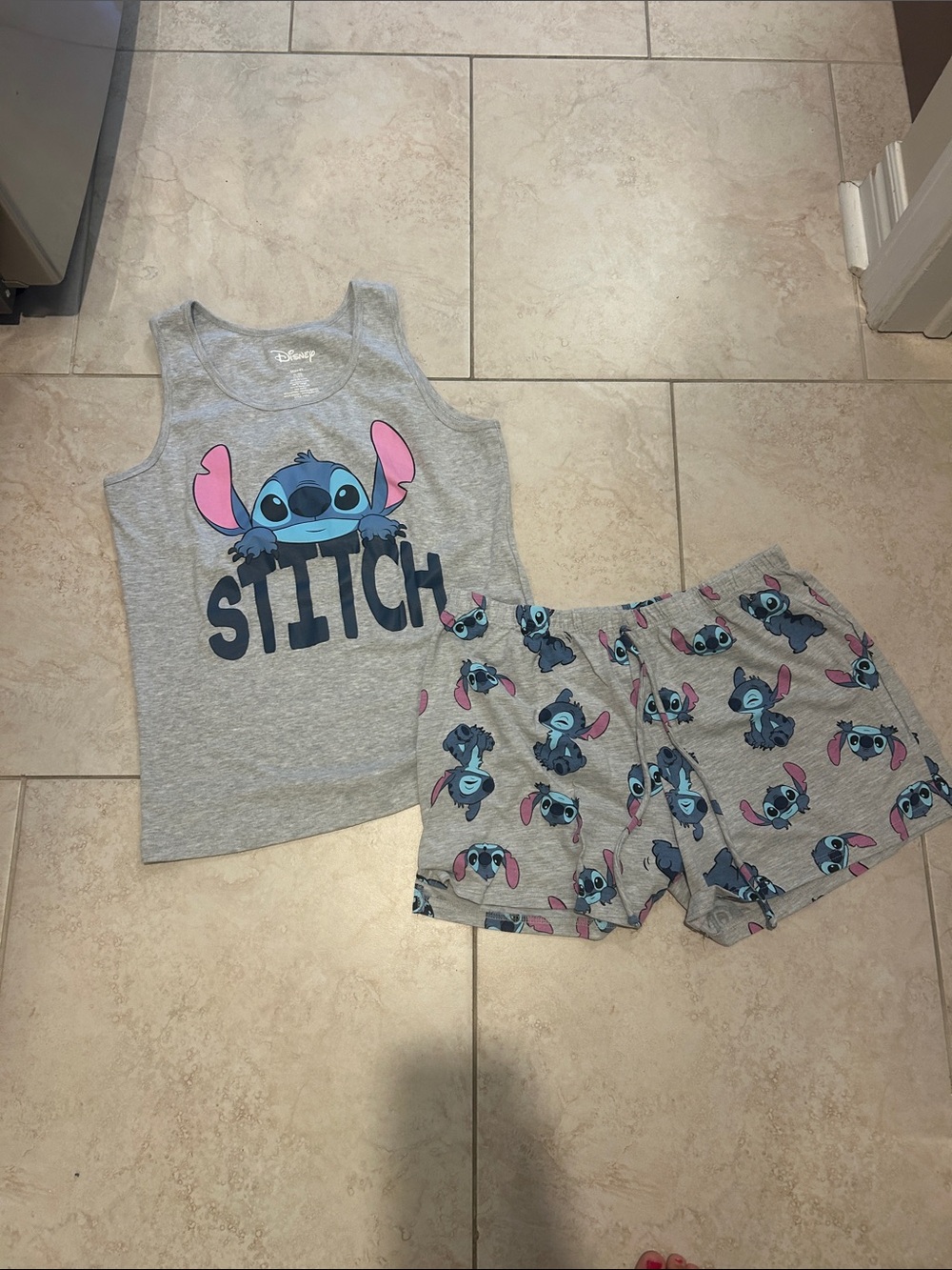 Disney Grey Stitch Tank Top & Shorts Pajama Set with Pink Accents